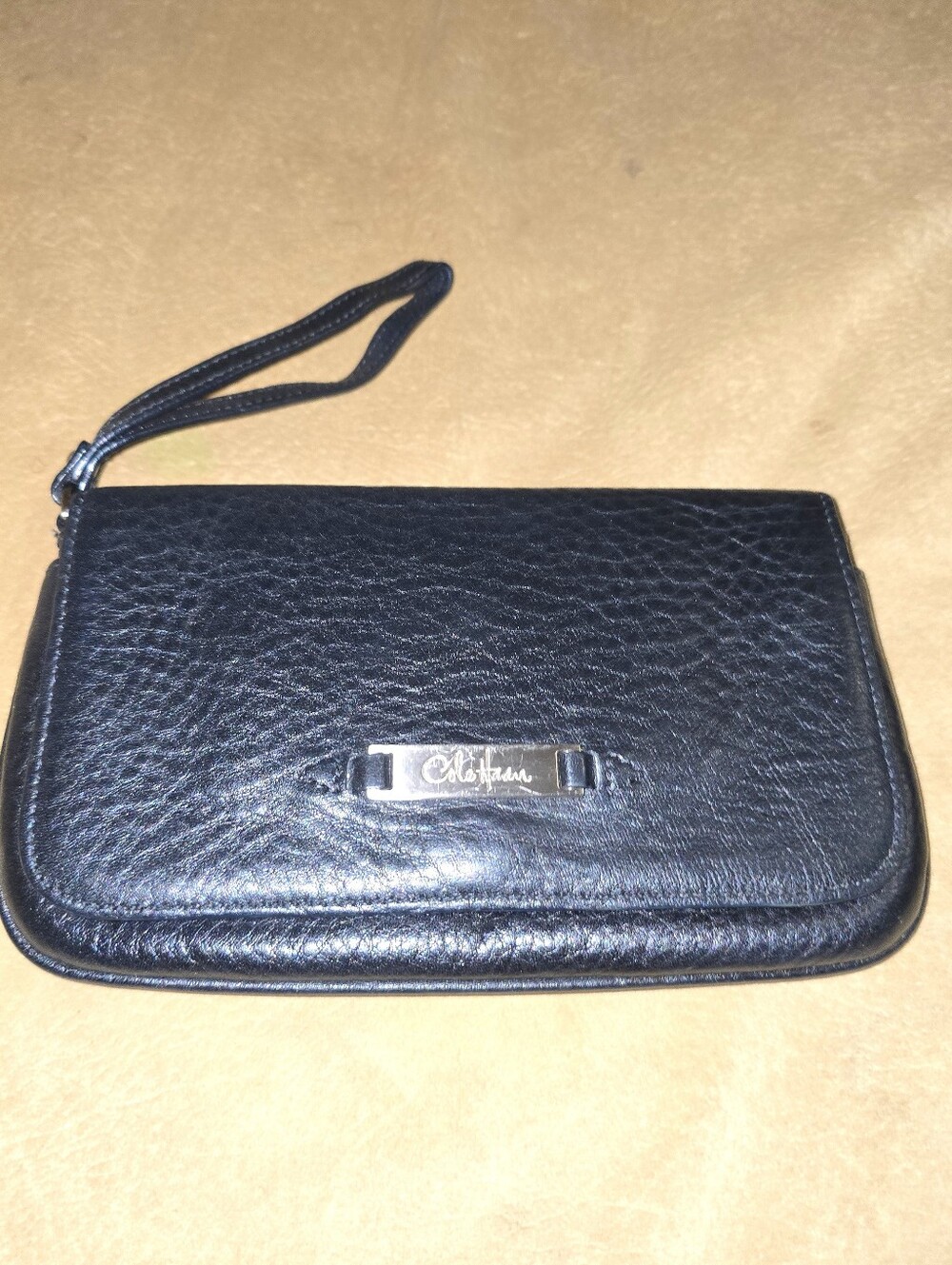 Cole Hann Black Leather Wristlet Clutch with Built-In Mirror 8"x"5